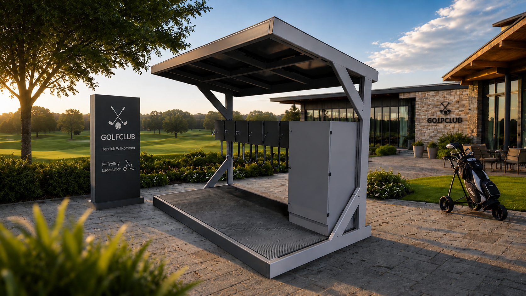 Basisladestation in grau vor dem Golfclub
