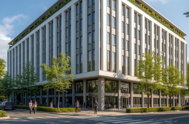 Firmengebäude Seitenwinkel mit Straße und Bäumen