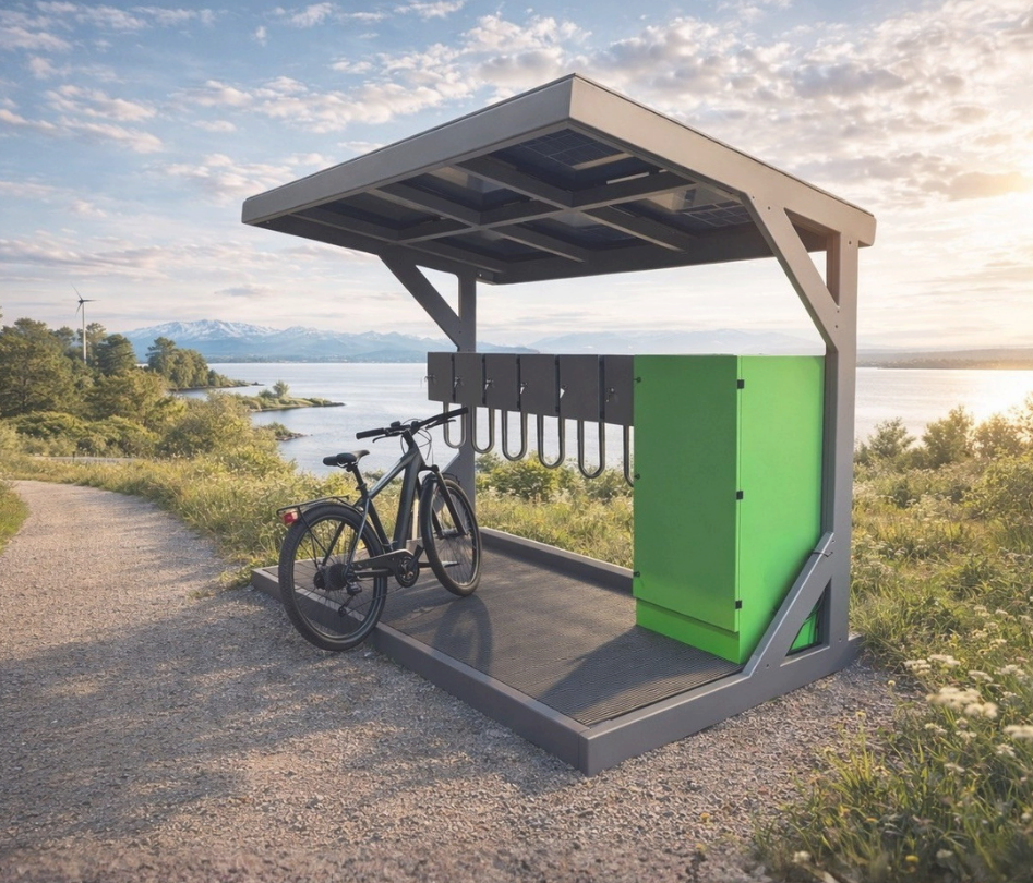 Basismodell Ladestation P-105m mit Fahrrad am Radweg und im Hintergrund Natur, Sonne und See