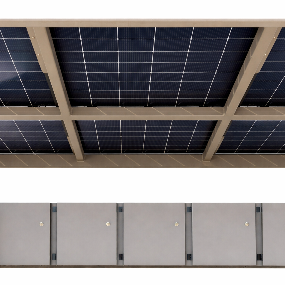 Solarmodul am Dach von unten zu sehen und Schließfächer von vorne
