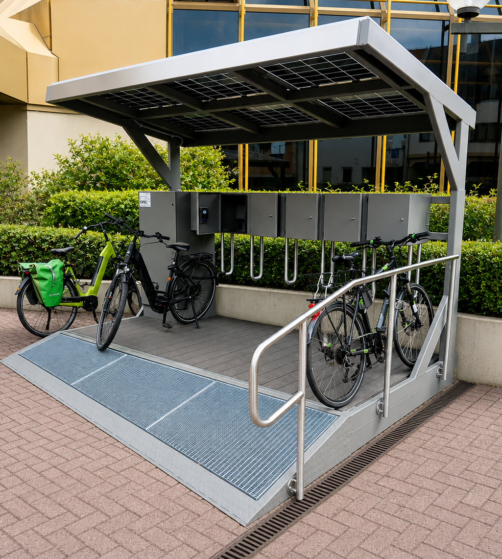 Autarke Solar-Ladestation für E-Bikes mit Ladefächern und Fahrradstellplätzen vor der Kreisverwaltung Bad Dürkheim